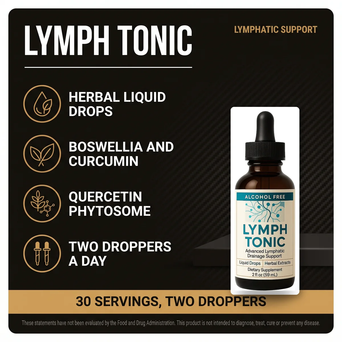 LymphTonic herbal liquid drops for lymphatic support - Boswellia, curcumin, quercetin phytosome, two droppers a day