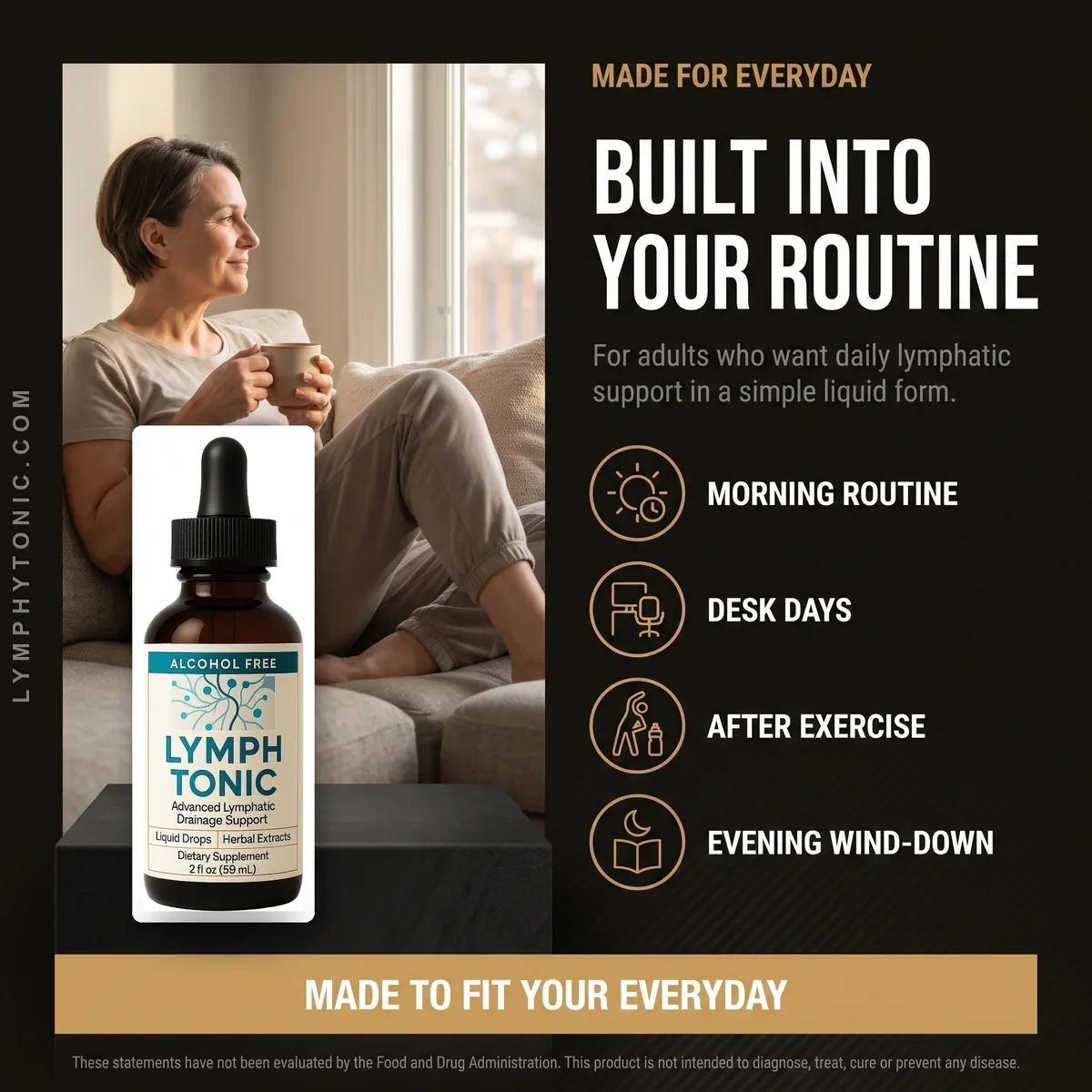 A woman relaxing at home with a warm drink - LymphTonic built into an everyday routine, from morning to evening wind-down