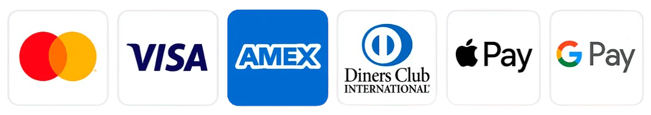 Accepted payment methods: Mastercard, Visa, Amex, Diners Club, Apple Pay, Google Pay