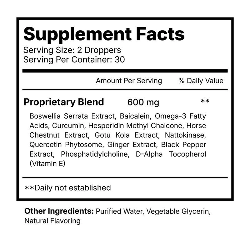 LymphTonic Supplement Facts label - 600 mg proprietary blend, 2 droppers per serving, 30 servings